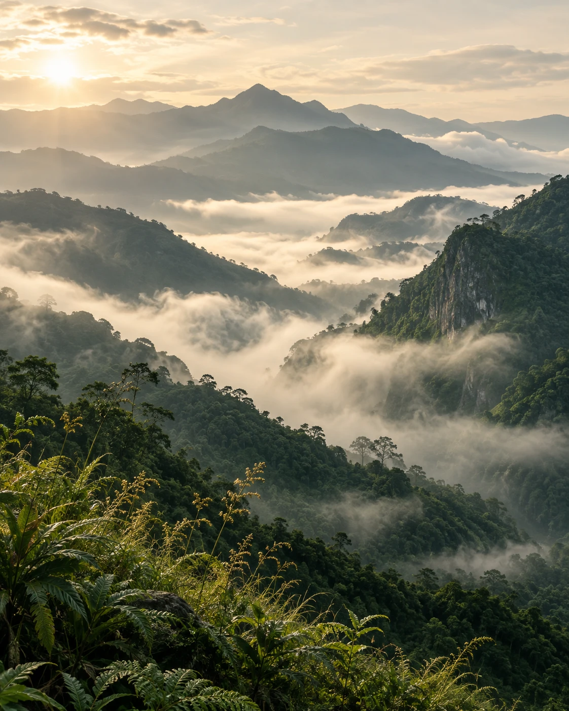 Montañas verdes entre niebla y vegetación dorada, una invitación a mirar con perspectiva